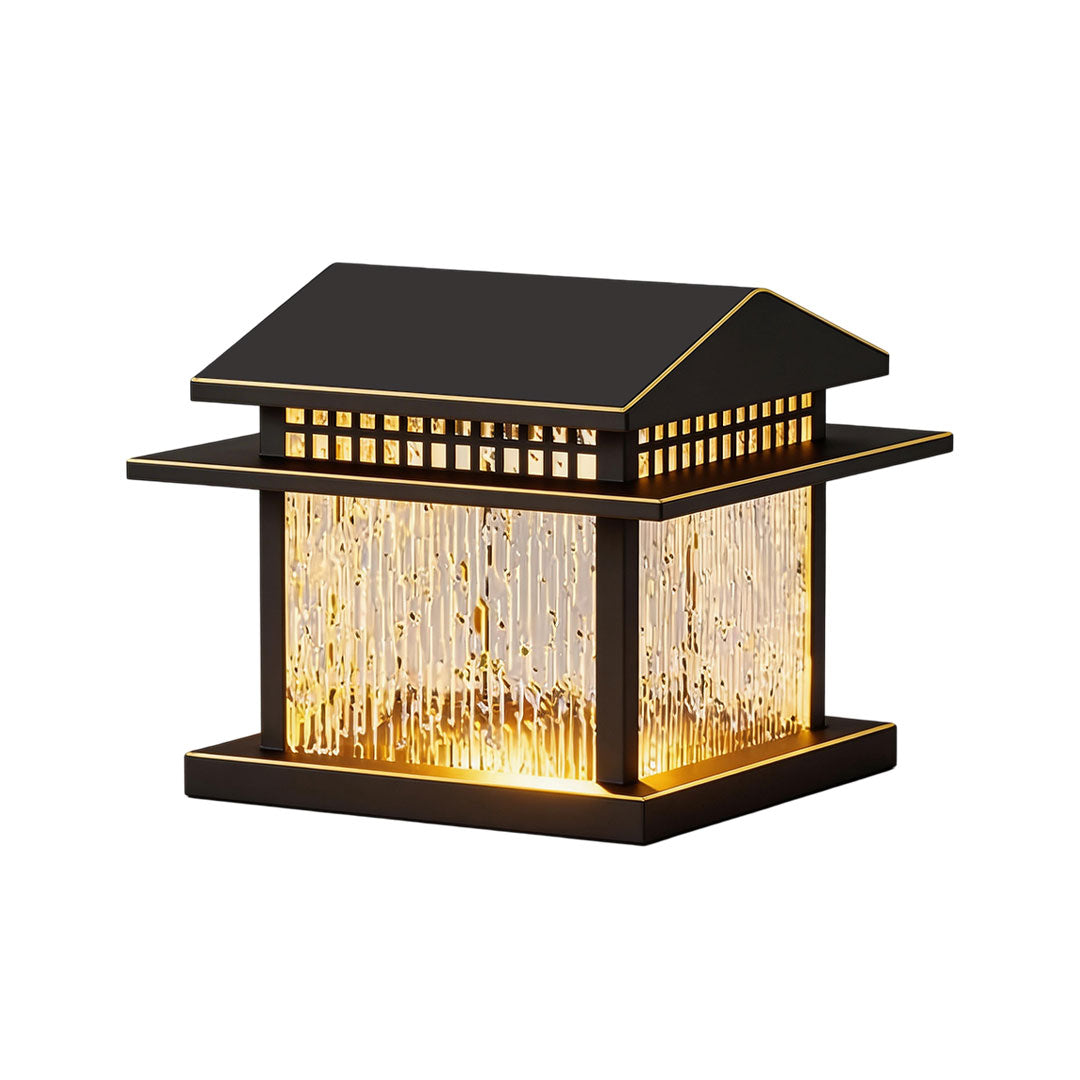 Modern pillar lamp light with a sleek black frame and illuminated glass panels.