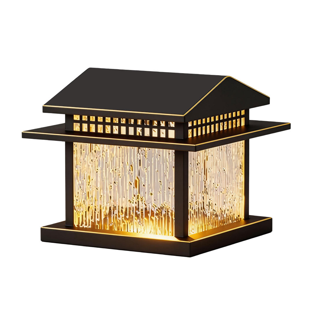 Pillar lamp light with a square shape and golden accents, ideal for garden illumination.