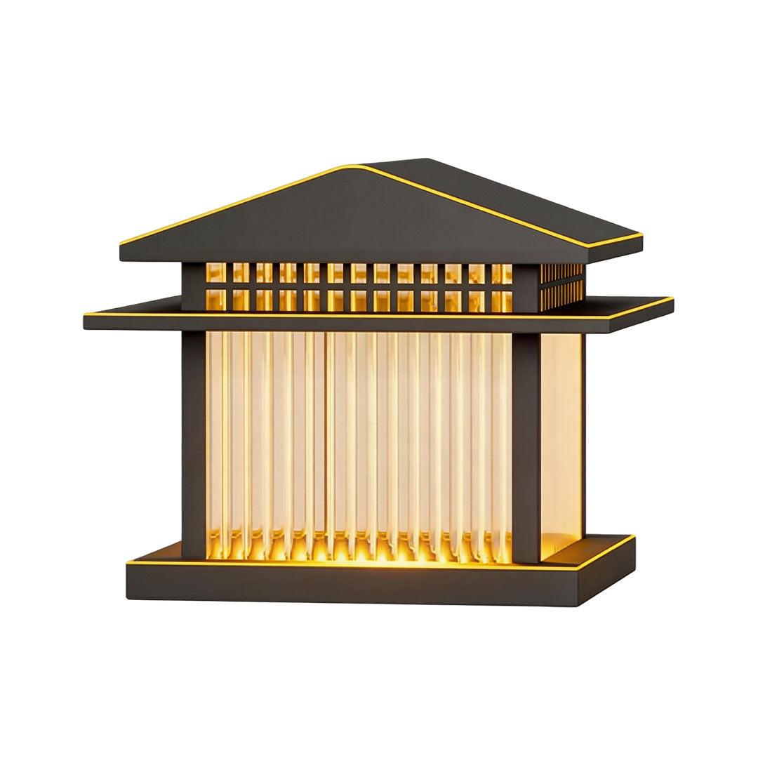 Pillar lamp light with a square design and golden accents, perfect for outdoor pathways.
