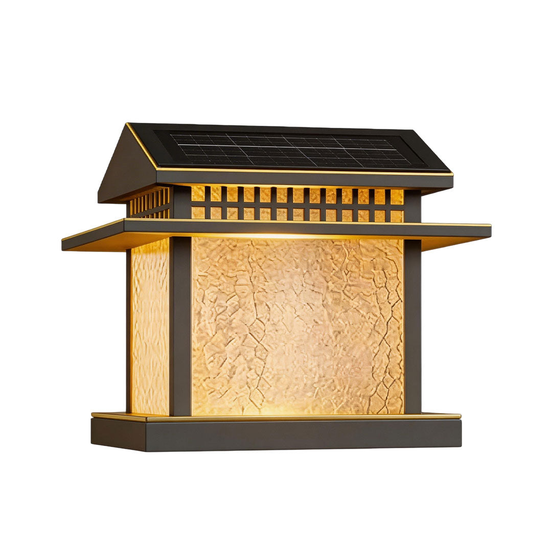 Pillar lamp light with a traditional design, featuring a black frame and warm yellow light.