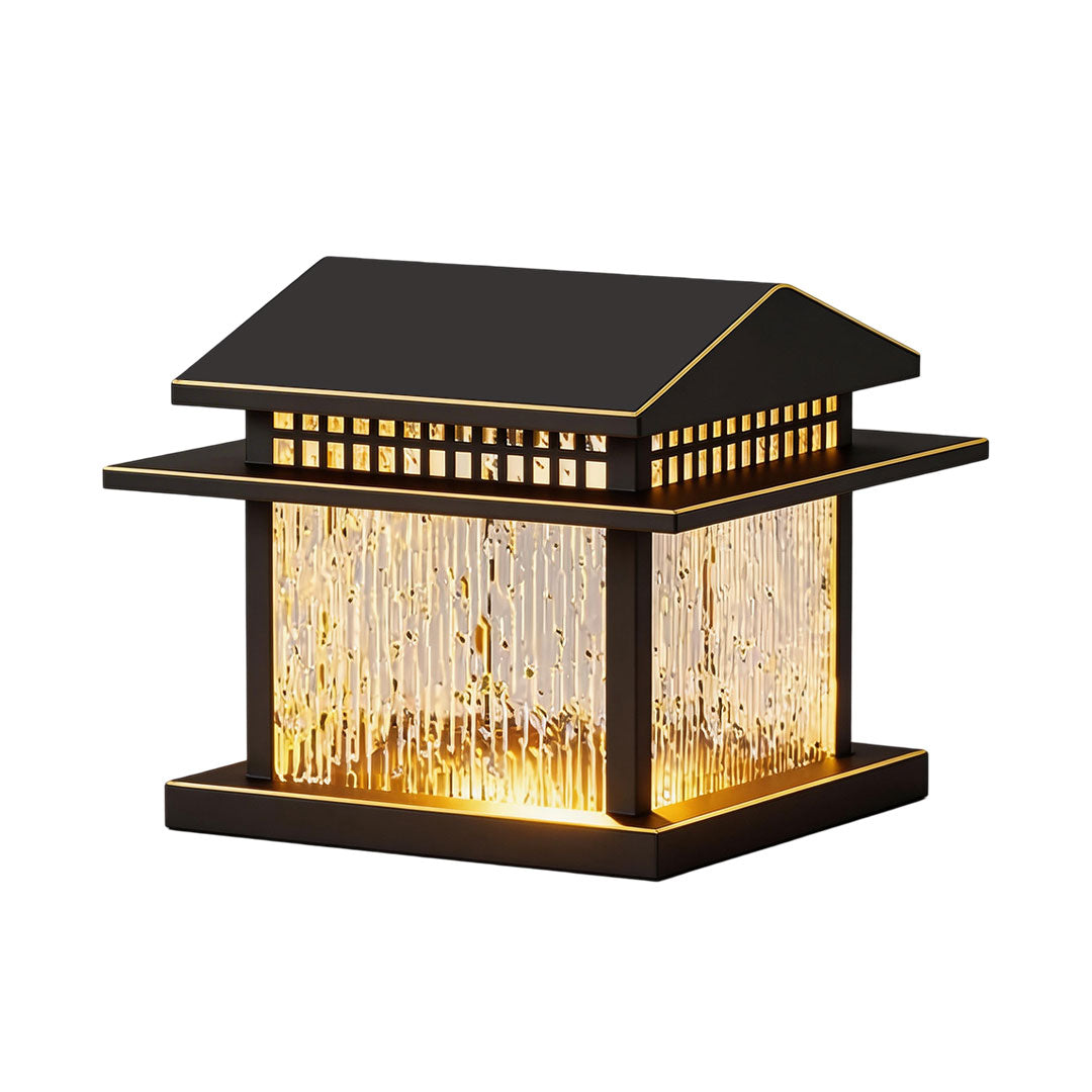 Pillar lamp light with a traditional design, featuring a black frame and warm light.