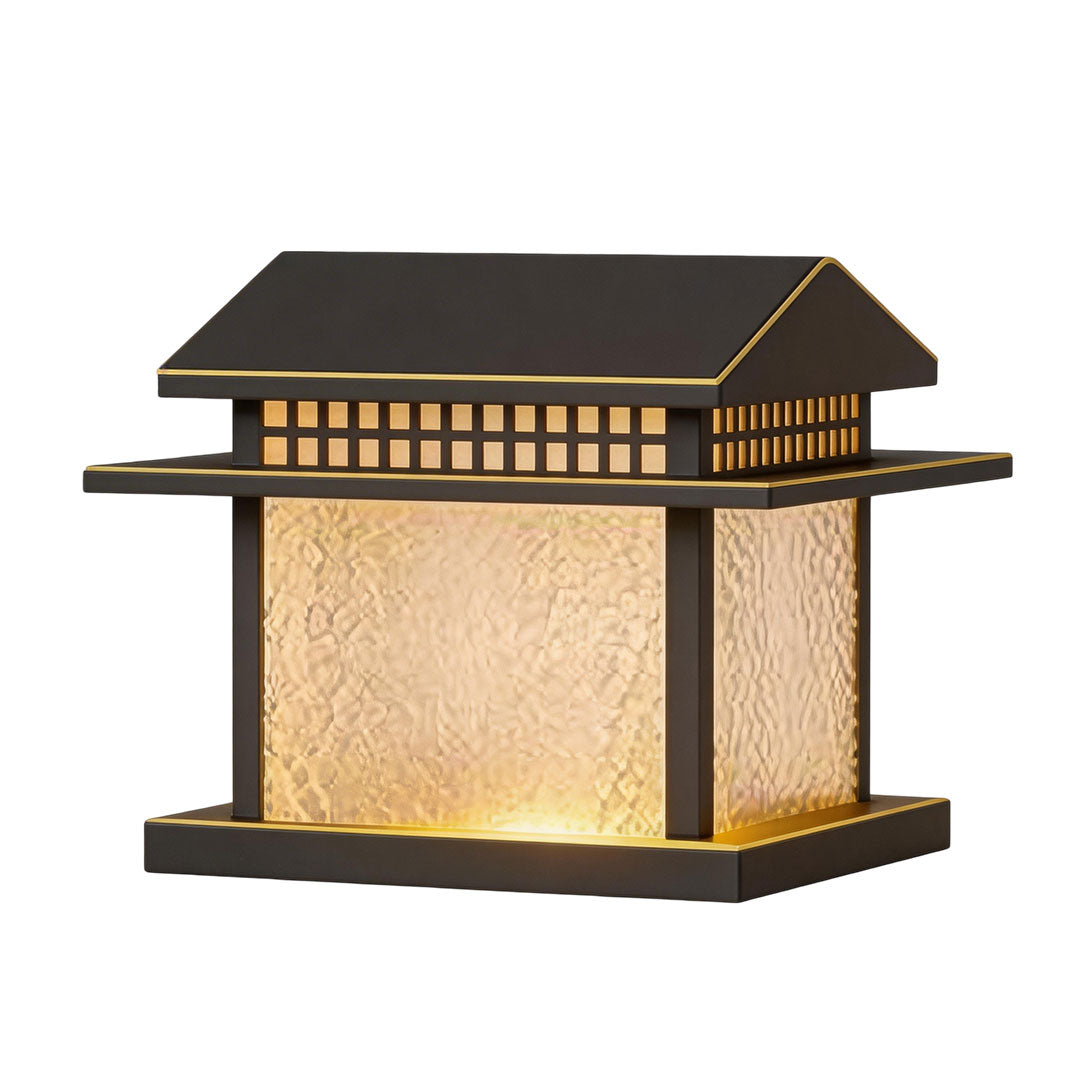 Pillar lamp light with a traditional design, featuring a black frame and warm yellow light.