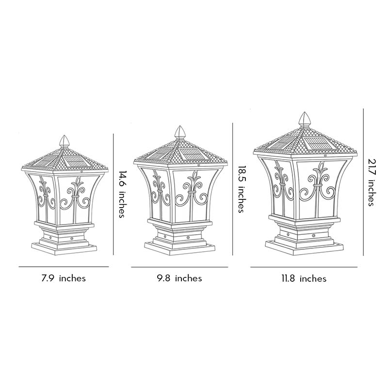 Technical diagram showing dimensions and structure of pillar lantern lights models.