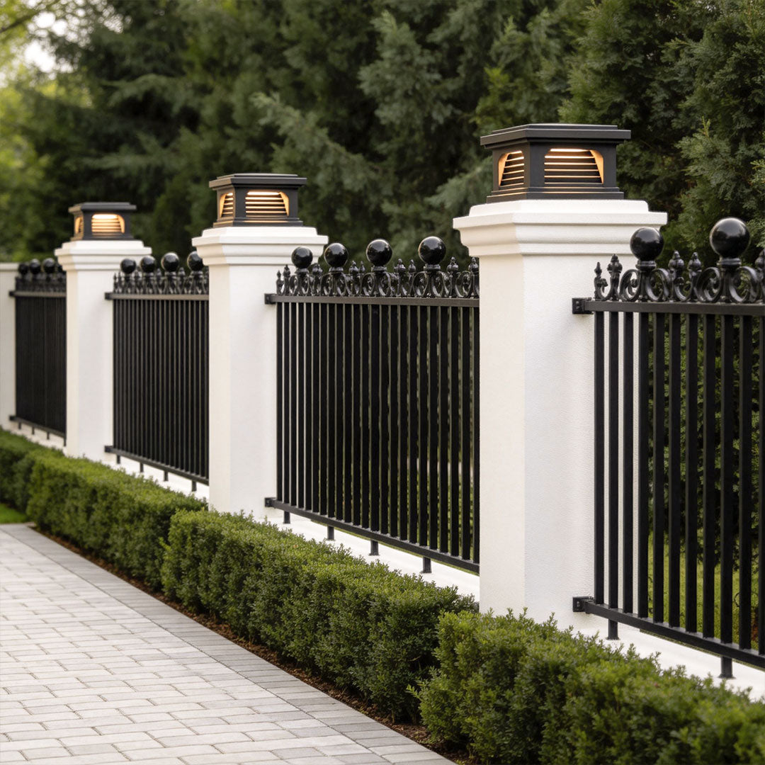 Elegant pillar light design outdoor installed along a black metal fence with white stone pillars.