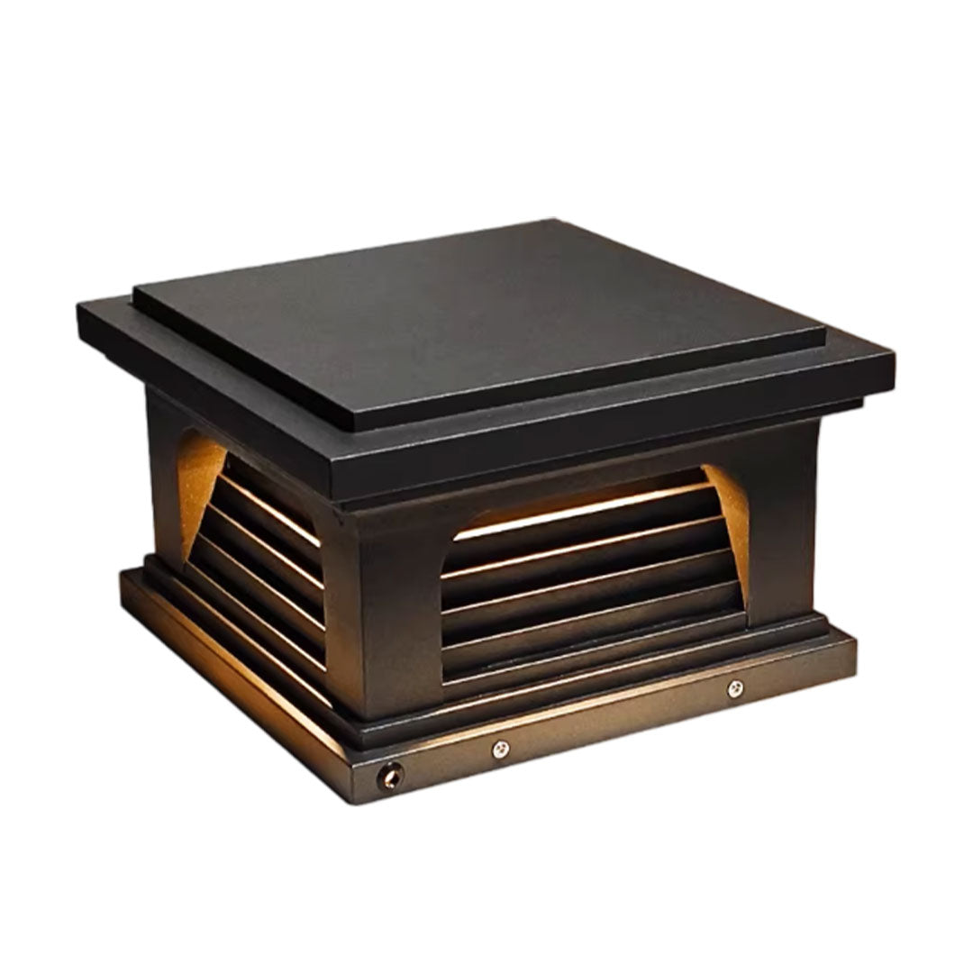 Pillar light design outdoor with a black finish and horizontal light slats.
