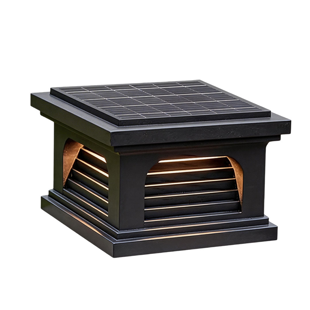 Pillar light design outdoor with a modern black frame and illuminated base.