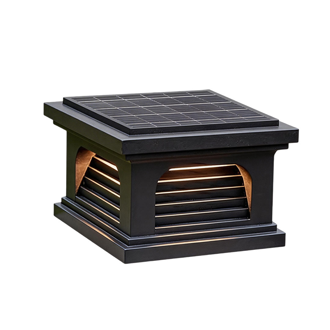 Pillar light design outdoor with a sleek black design and warm ambient lighting.