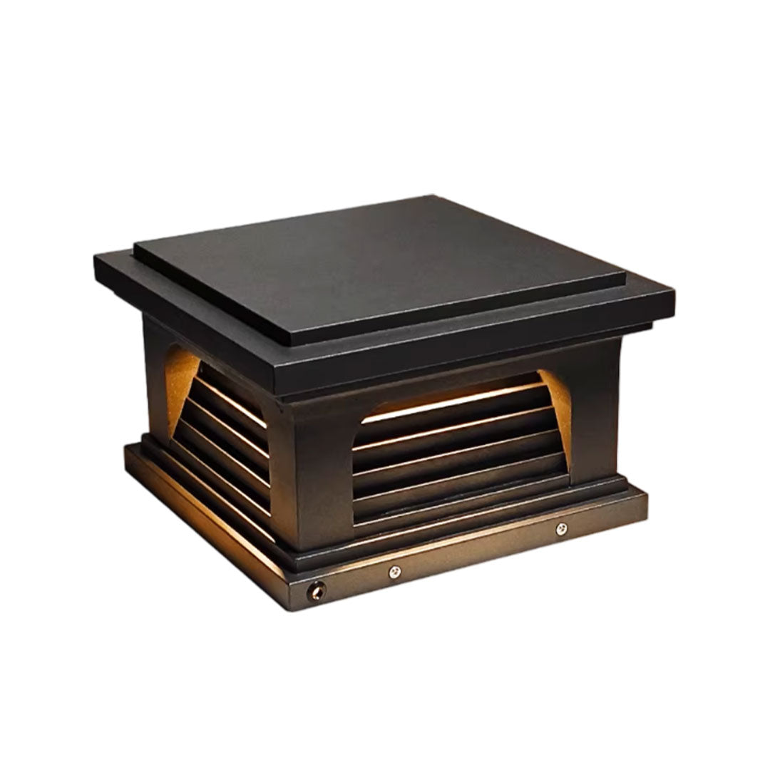 Pillar light design outdoor with a square shape and illuminated slats for pathways.