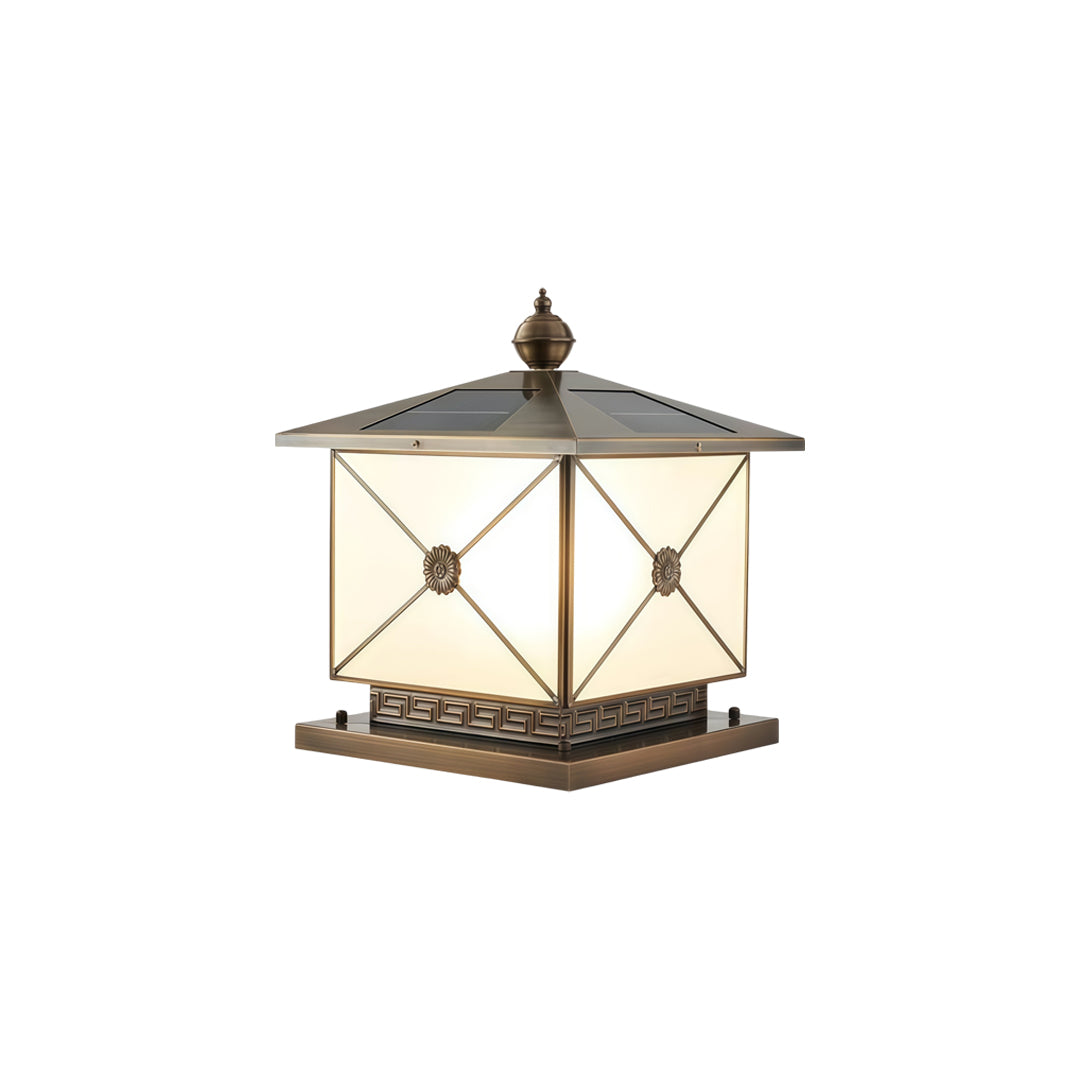 Stylish pillar light solar featuring bronze frame and geometric cross-panel detailing.