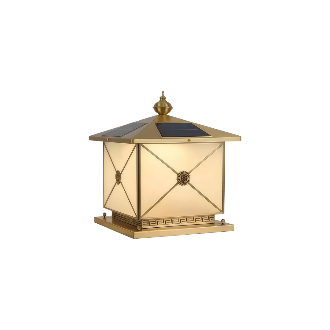Premium pillar light solar with luxury bronze finish and geometric frosted glass detailing.