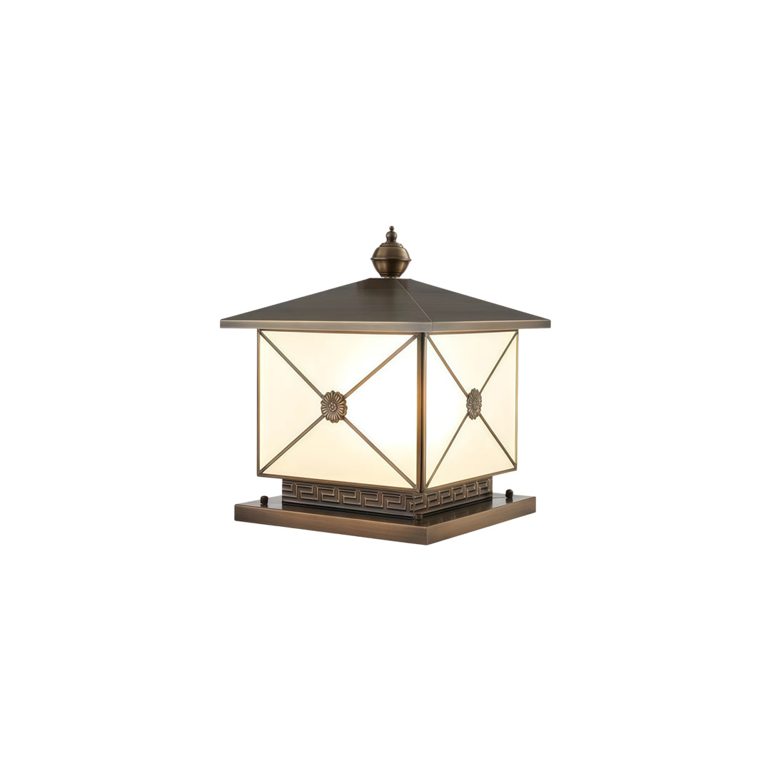 Luxury pillar light solar with classic lantern styling isolated on white background.