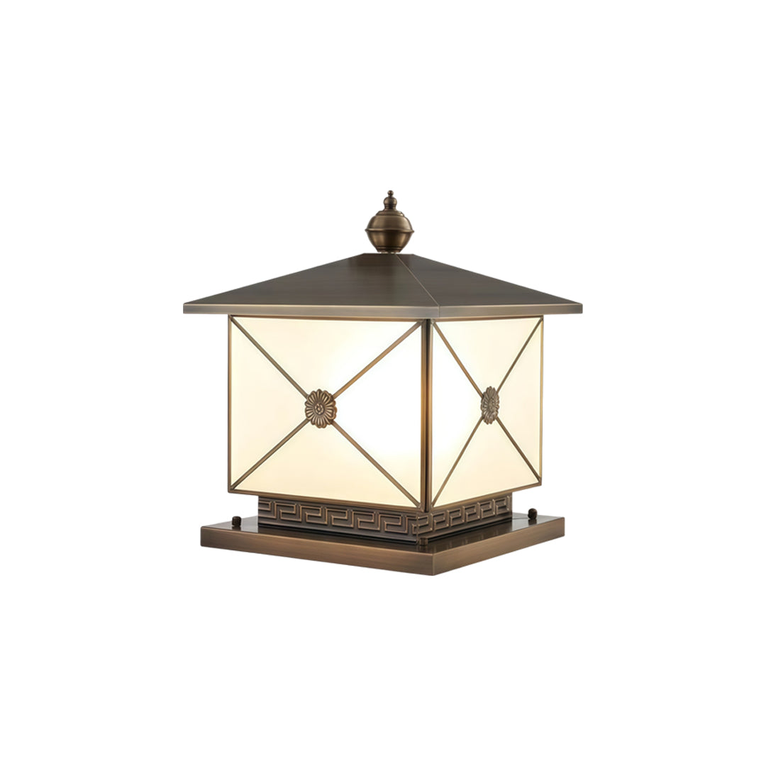 Contemporary pillar light solar with elegant bronze top and illuminated frosted panels.