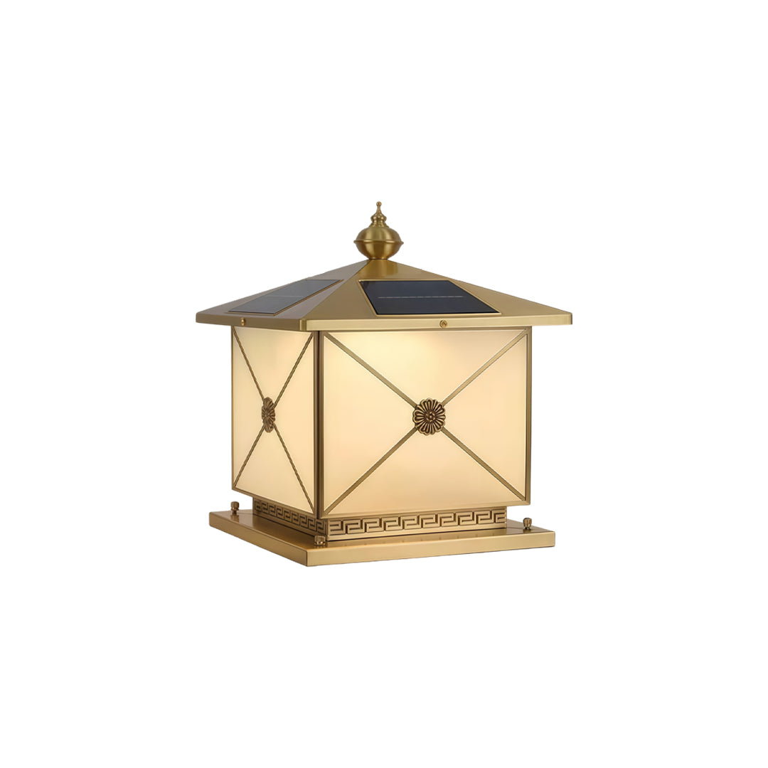 Modern pillar light solar isolated on white background with dark bronze metal frame.