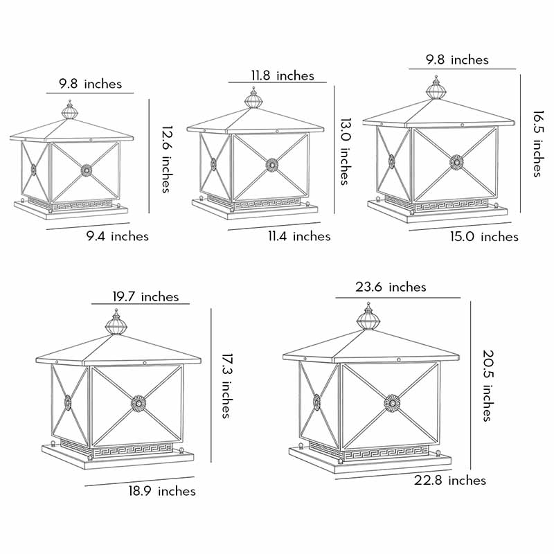Dimension chart for pillar light solar showing multiple size configurations and measurements.