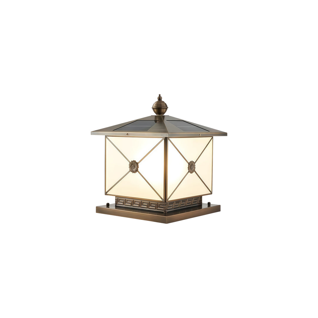Luxury pillar light solar with decorative finial top and textured metallic base accents.