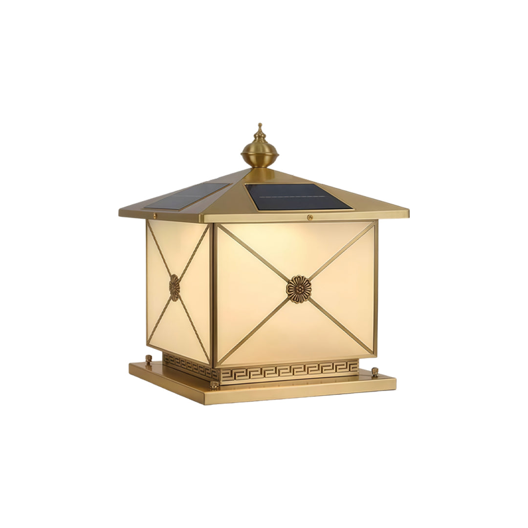 Elegant pillar light solar with frosted glass panels and bronze metallic top housing.