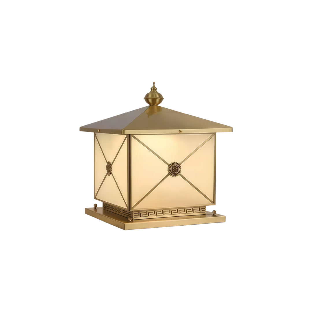 Luxury pillar light solar featuring frosted glass enclosure and decorative metallic accents.