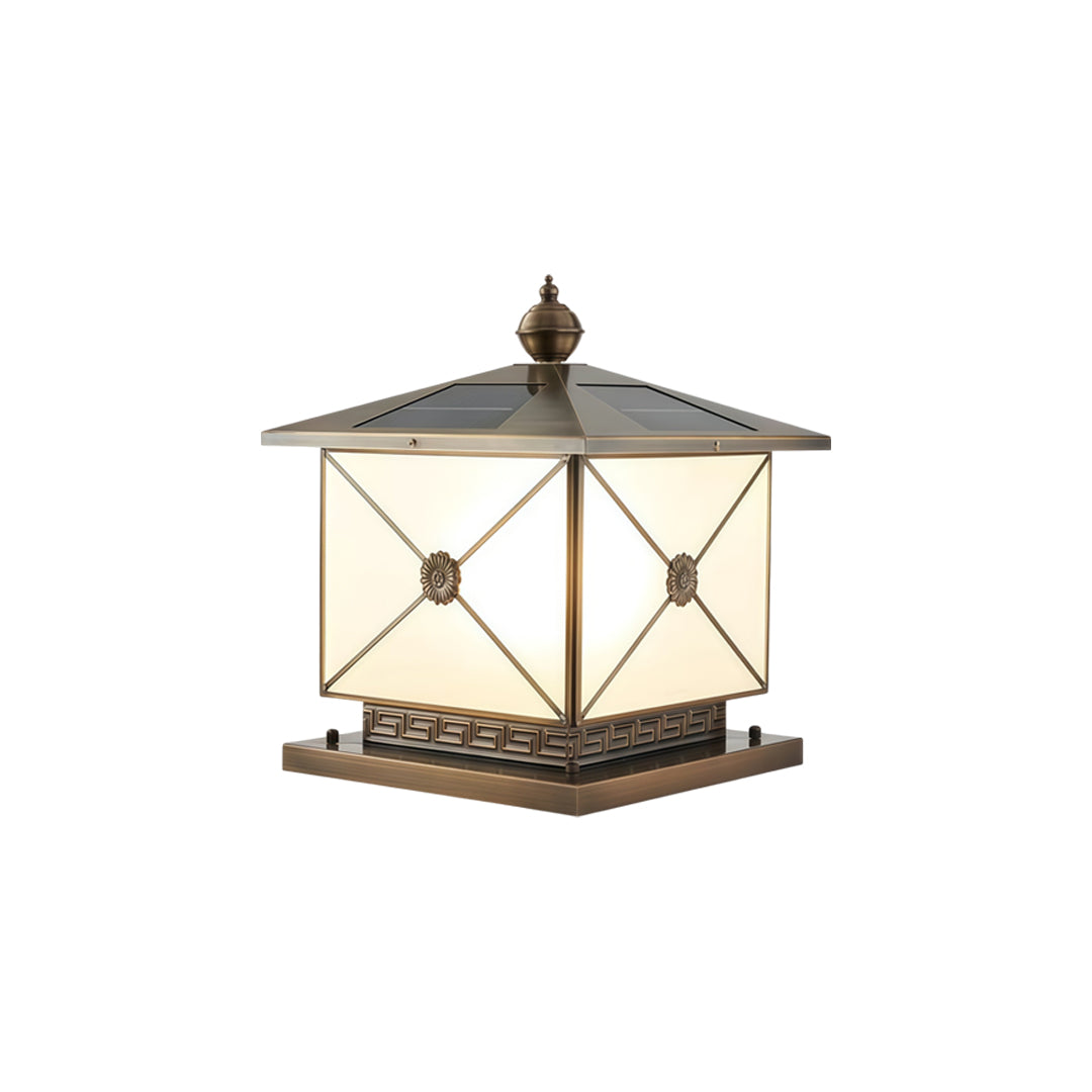 Modern pillar light solar with solar charging top and illuminated frosted glass enclosure.
