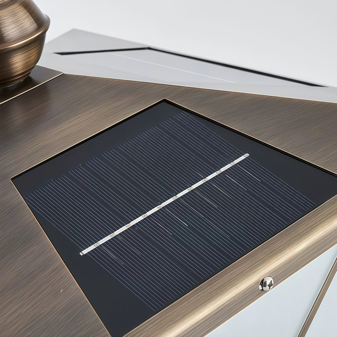 Detailed solar panel view of premium pillar light solar with metallic gold housing.