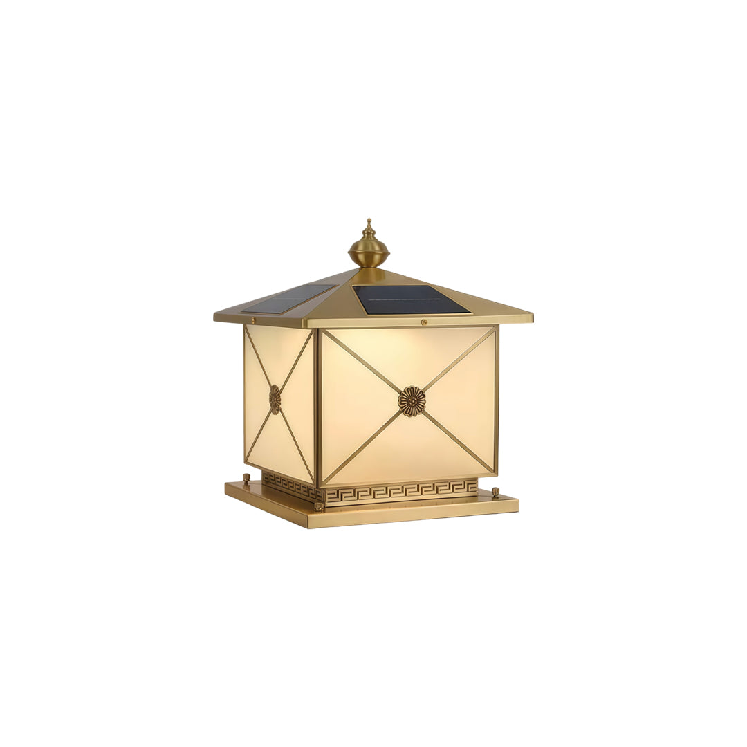 Compact pillar light solar featuring solar top panel and illuminated frosted glass sides.