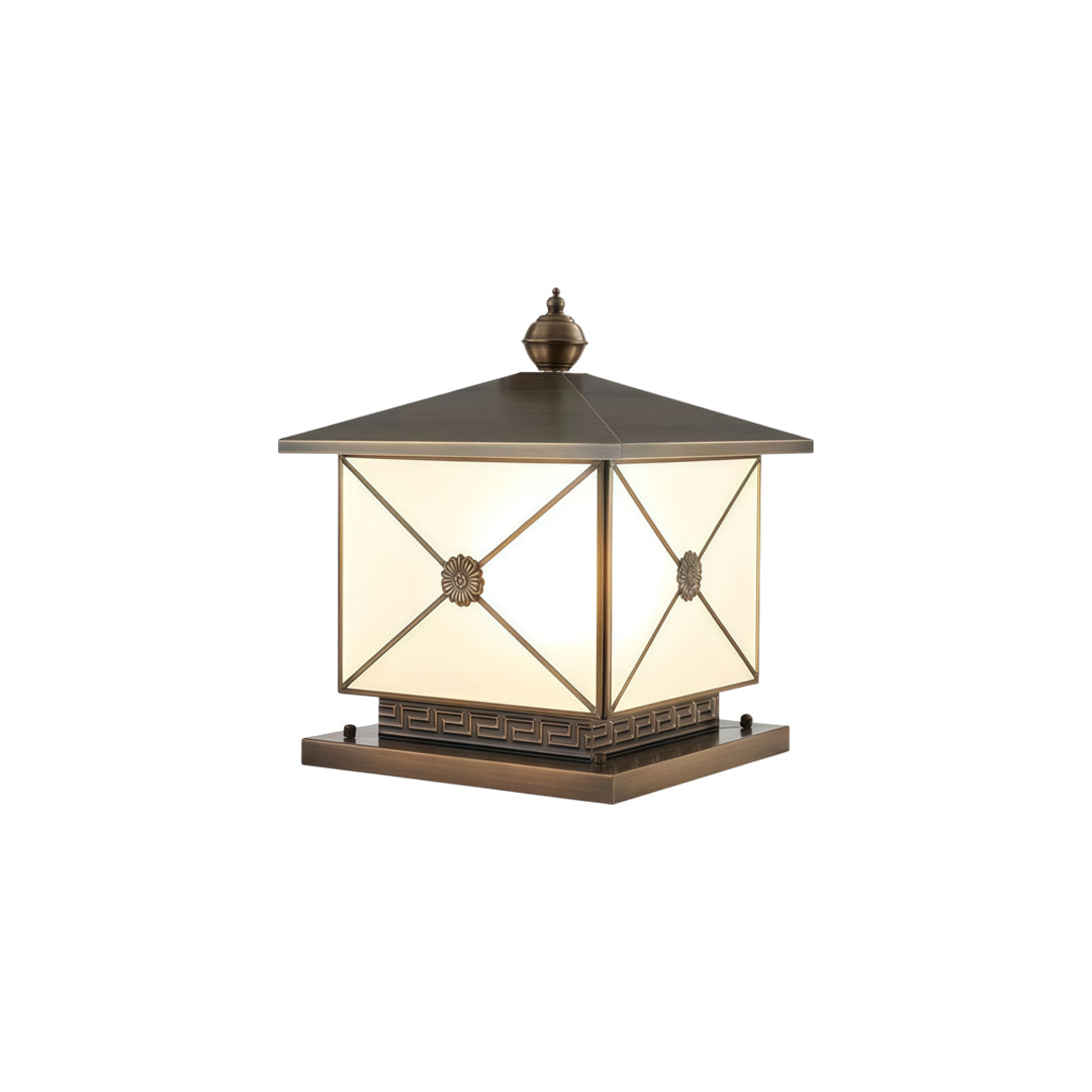 Modern pillar light solar featuring square frosted glass body and dark metallic trim.