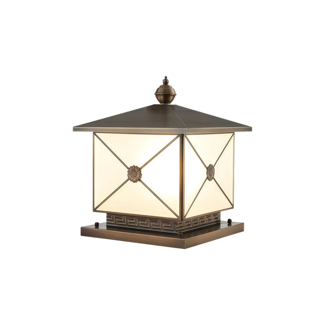 Premium pillar light solar with symmetrical lantern frame and warm glowing light source.