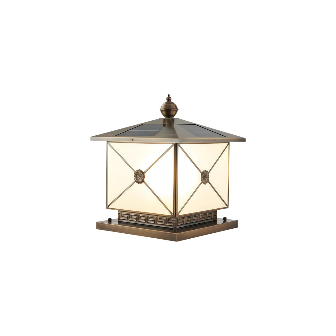 Elegant pillar light solar isolated on white background with warm frosted glass lighting.