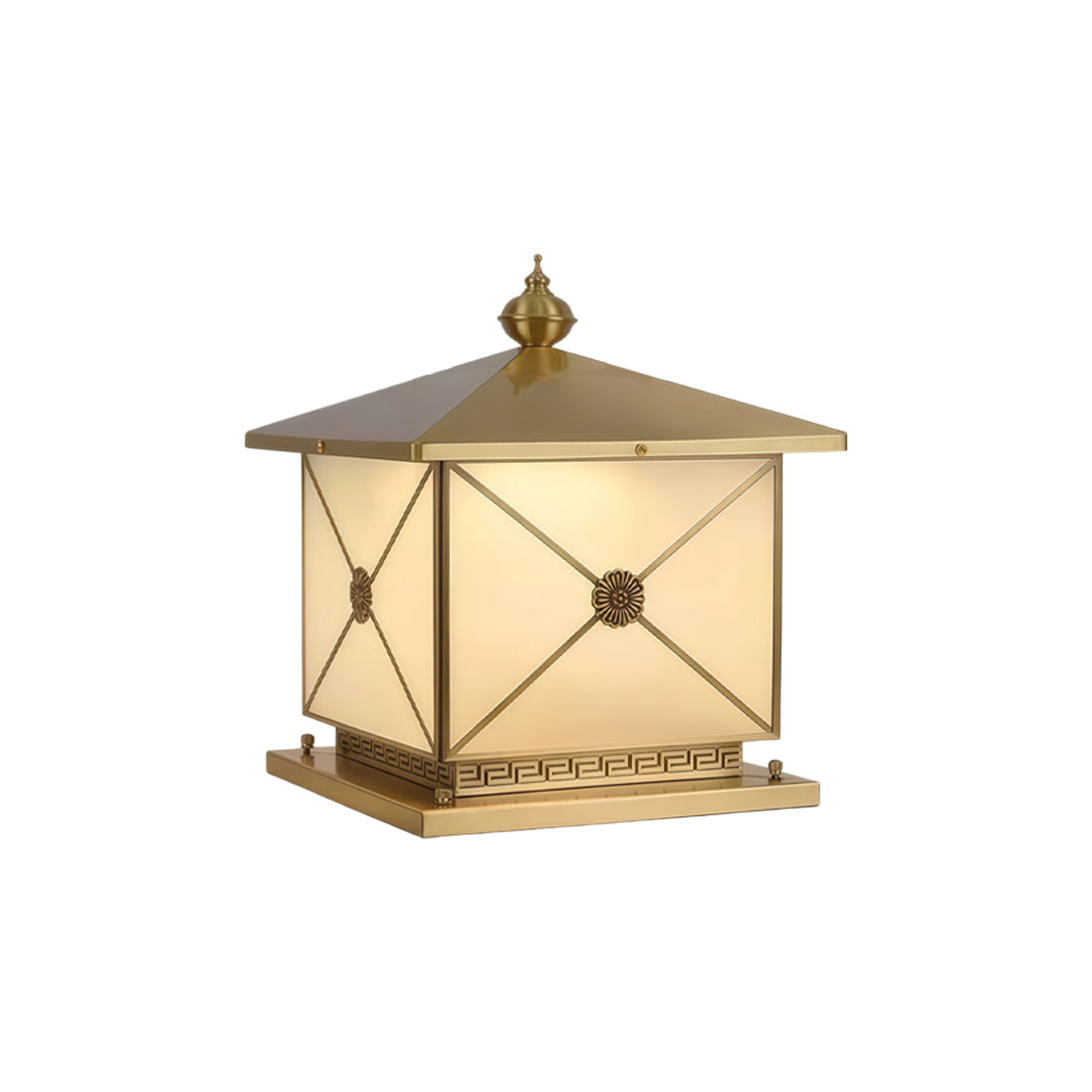 Decorative pillar light solar with warm LED illumination and premium gold trim details.