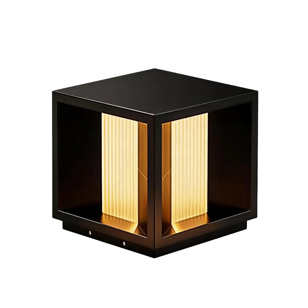 Pillar lighting with a black metal frame and illuminated sides for ambient outdoor lighting.