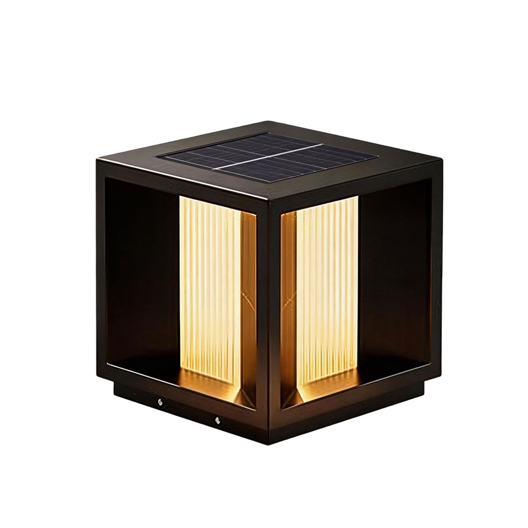 Pillar lighting with a black finish and illuminated vertical slats for modern outdoor illumination.