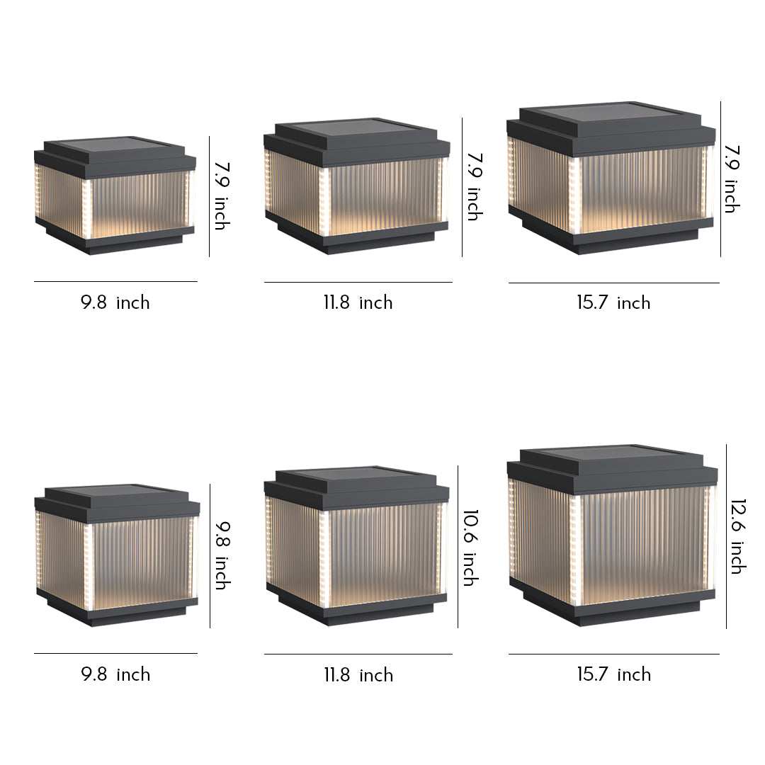 Multiple sizes of square pillar lighting outdoor fixtures with ribbed glass design and modern black tops.