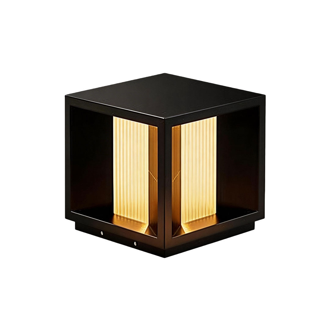 Pillar lighting with a sleek black design and vertical light slats for modern outdoor spaces.