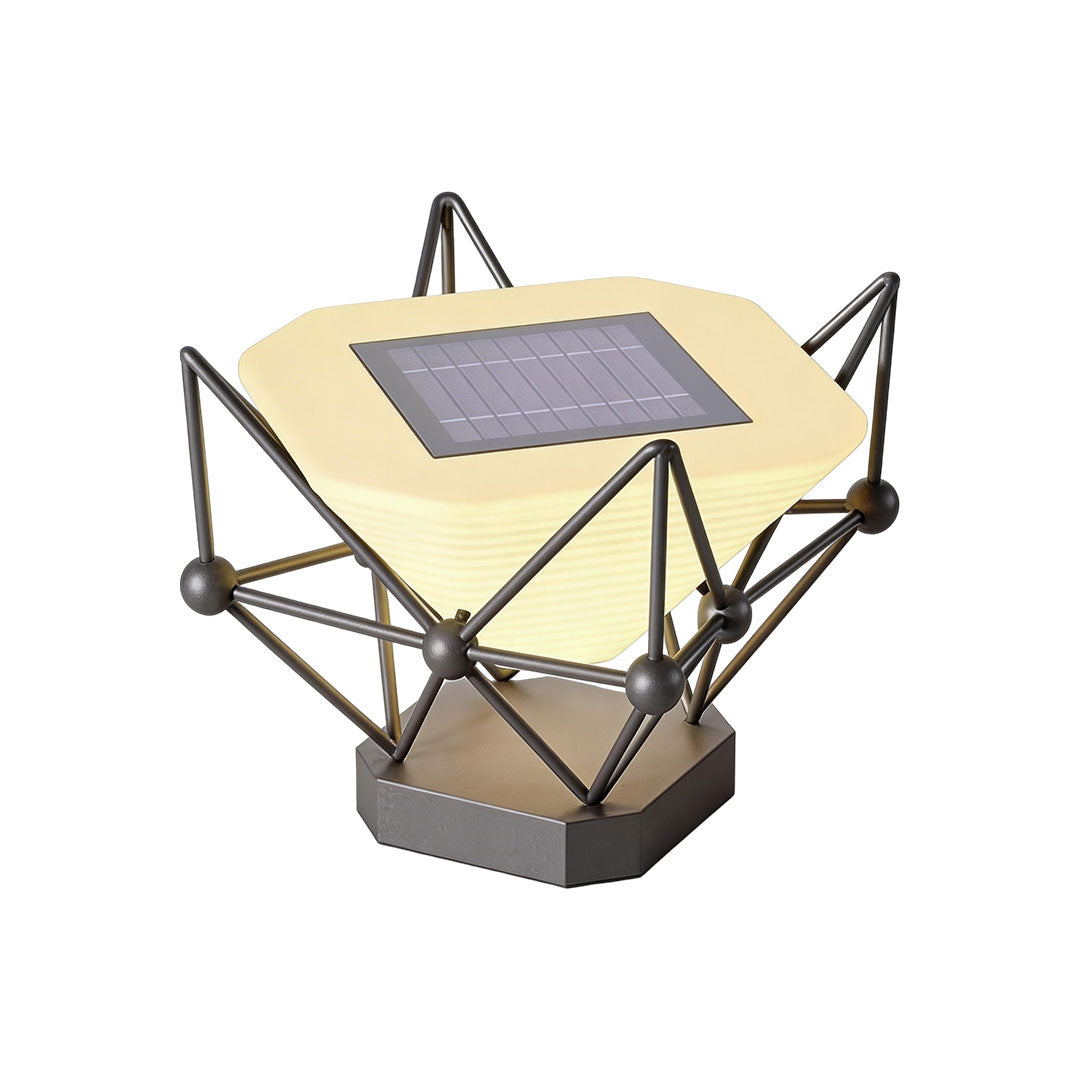Pillar lights for garden with a unique geometric frame and illuminated lampshade.
