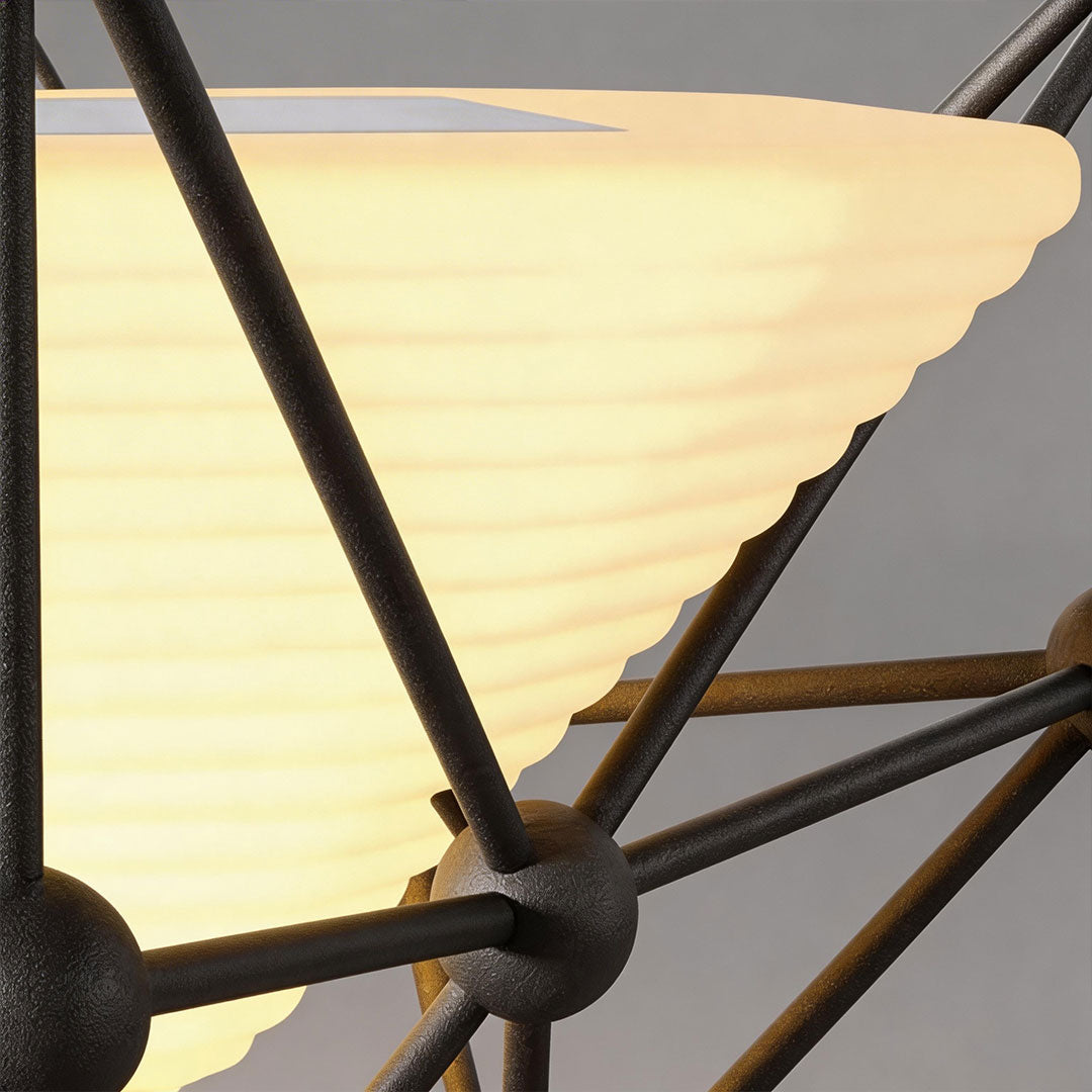 Pillar lights for garden with a close-up view of the lampshade and intricate frame structure.