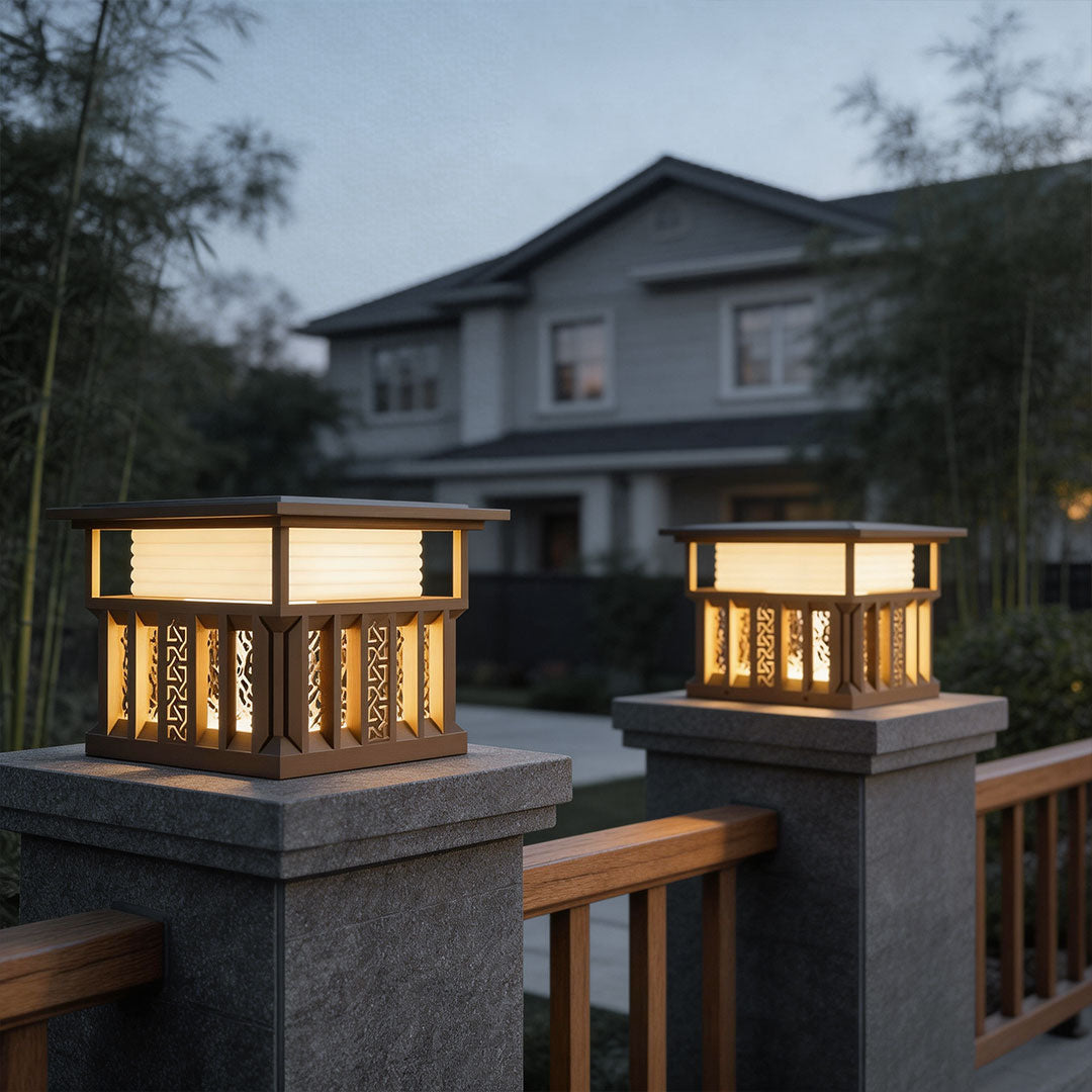 Elegant pillar lights for house illuminating the entrance pathway with warm light and wooden handrails.
