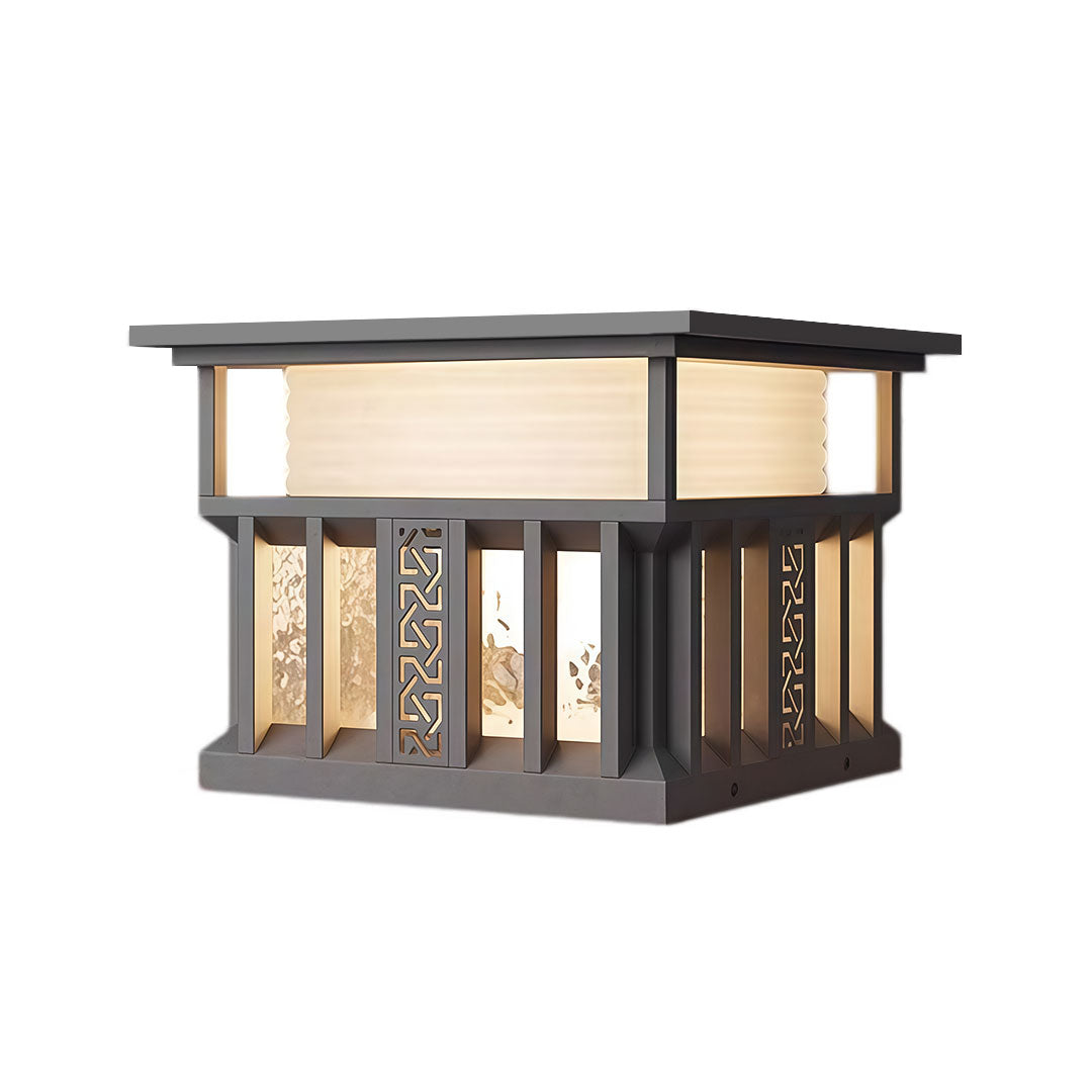 Pillar lights for house with a square design and warm yellow light, perfect for garden pathways.