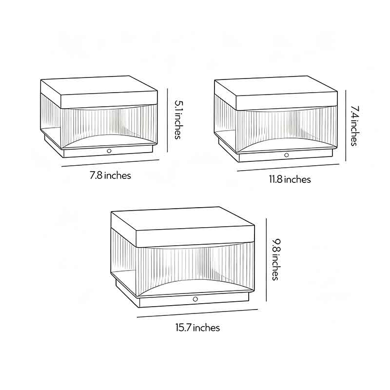 Pillar lights outdoor solar dimension drawing displaying multiple size options for exterior installation.