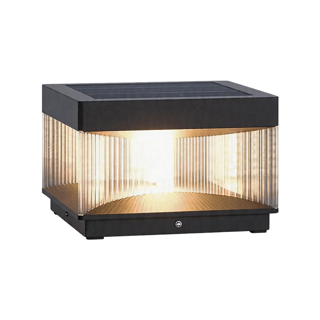 Pillar lights outdoor solar with integrated solar panel and warm modern outdoor lighting structure.