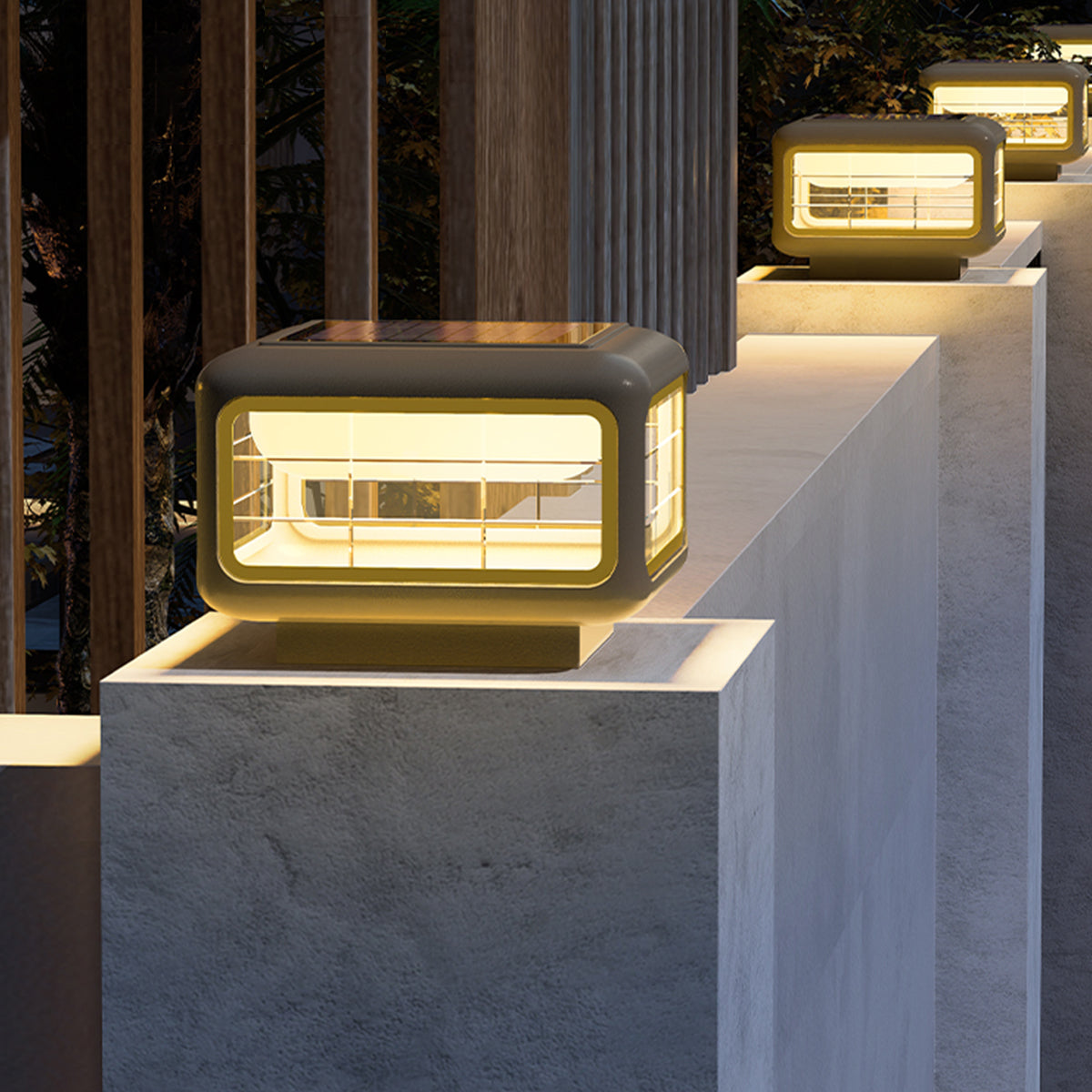 Contemporary outdoor lighting fixture installed on concrete pillar with bright LED panel