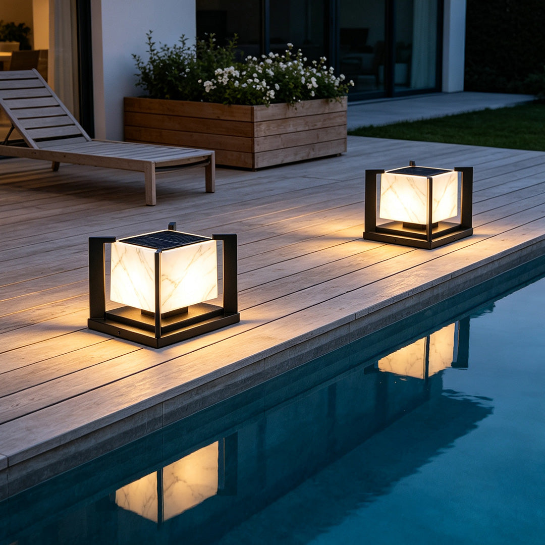 Pillar solar garden lights providing energy-efficient illumination for pathways, gardens, and outdoor spaces