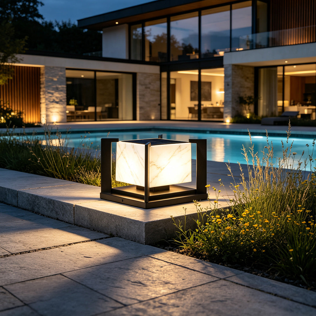 Pillar solar garden lights providing energy-efficient illumination for pathways, gardens, and outdoor spaces