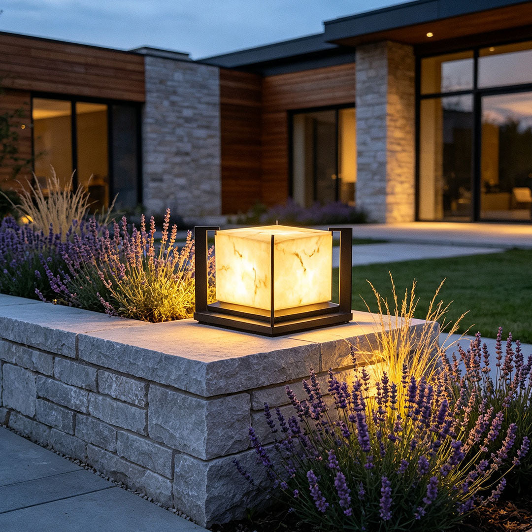 Pillar solar garden lights providing energy-efficient illumination for pathways, gardens, and outdoor spaces