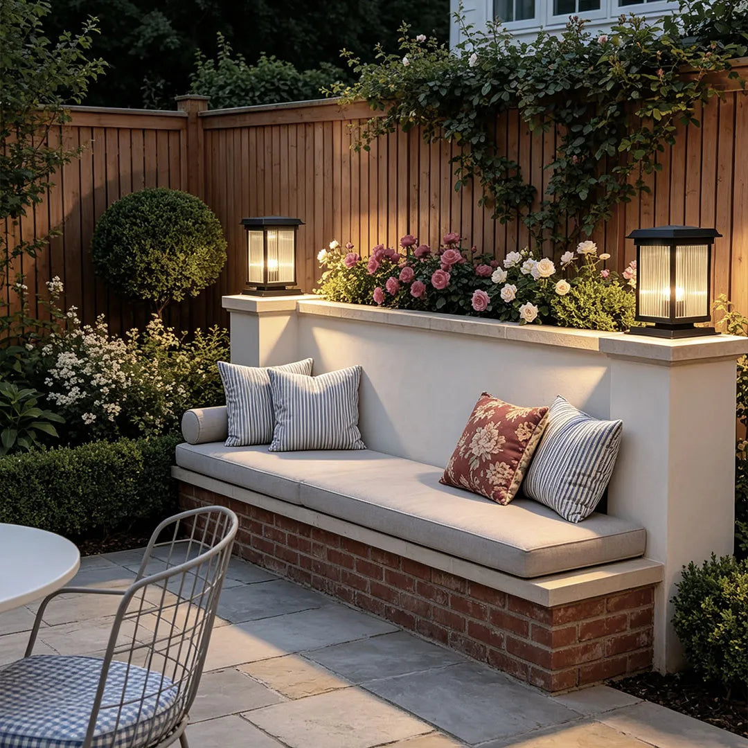 Pillar solar light illuminating a built-in patio bench and raised garden wall in a cozy backyard.