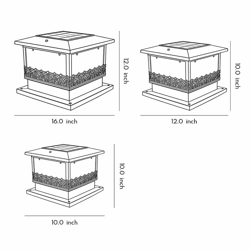 Pillar solar lights for outdoors dimension diagram illustrating size options and measurements for outdoor pillar installation.