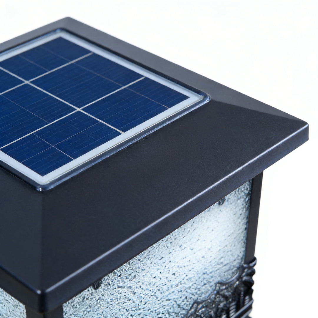 Pillar solar lights for outdoors product close-up displaying the solar panel integrated into the top surface.
