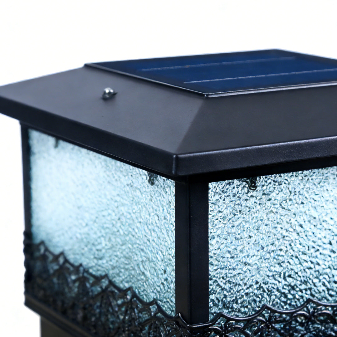 Pillar solar lights for outdoors isolated product view, showing square lantern shape with frosted glass sides.