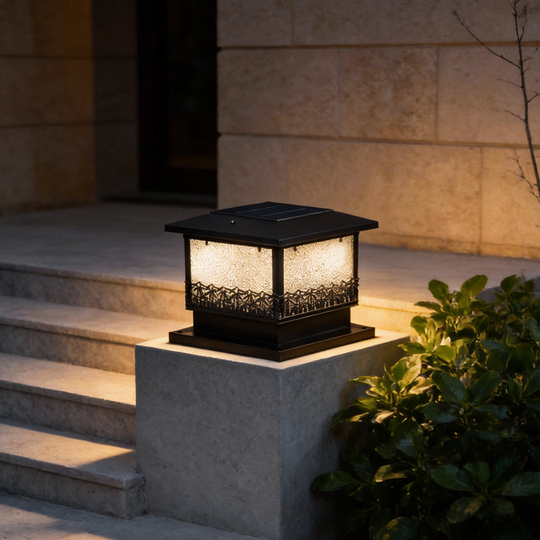 Pillar solar lights for outdoors installed on stone steps, casting a warm glow and enhancing nighttime safety and curb appeal.