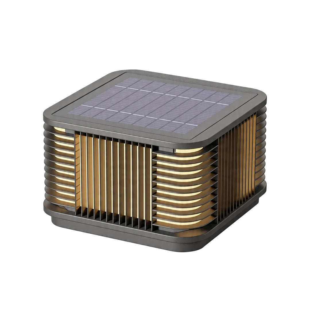 Pillar solar lights with integrated solar top and modern outdoor pillar lighting structure.