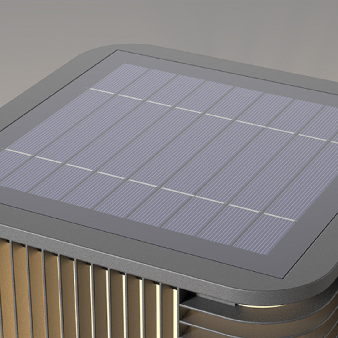 Top solar panel detail of pillar solar lights with integrated outdoor energy-saving technology.