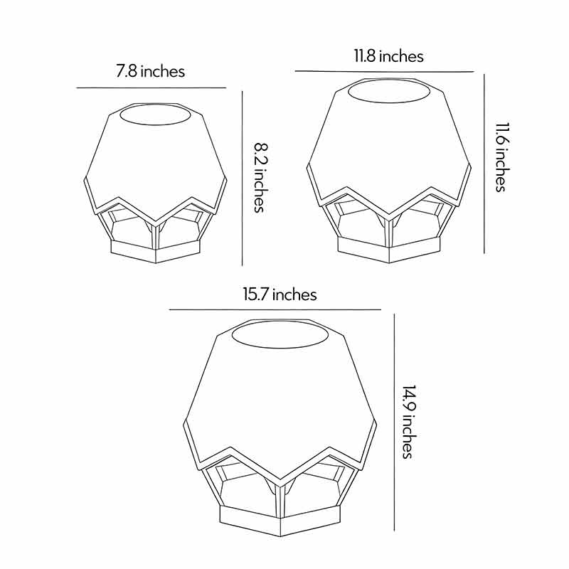 Pillar top solar lights dimension drawing displaying multiple size options for outdoor installation.